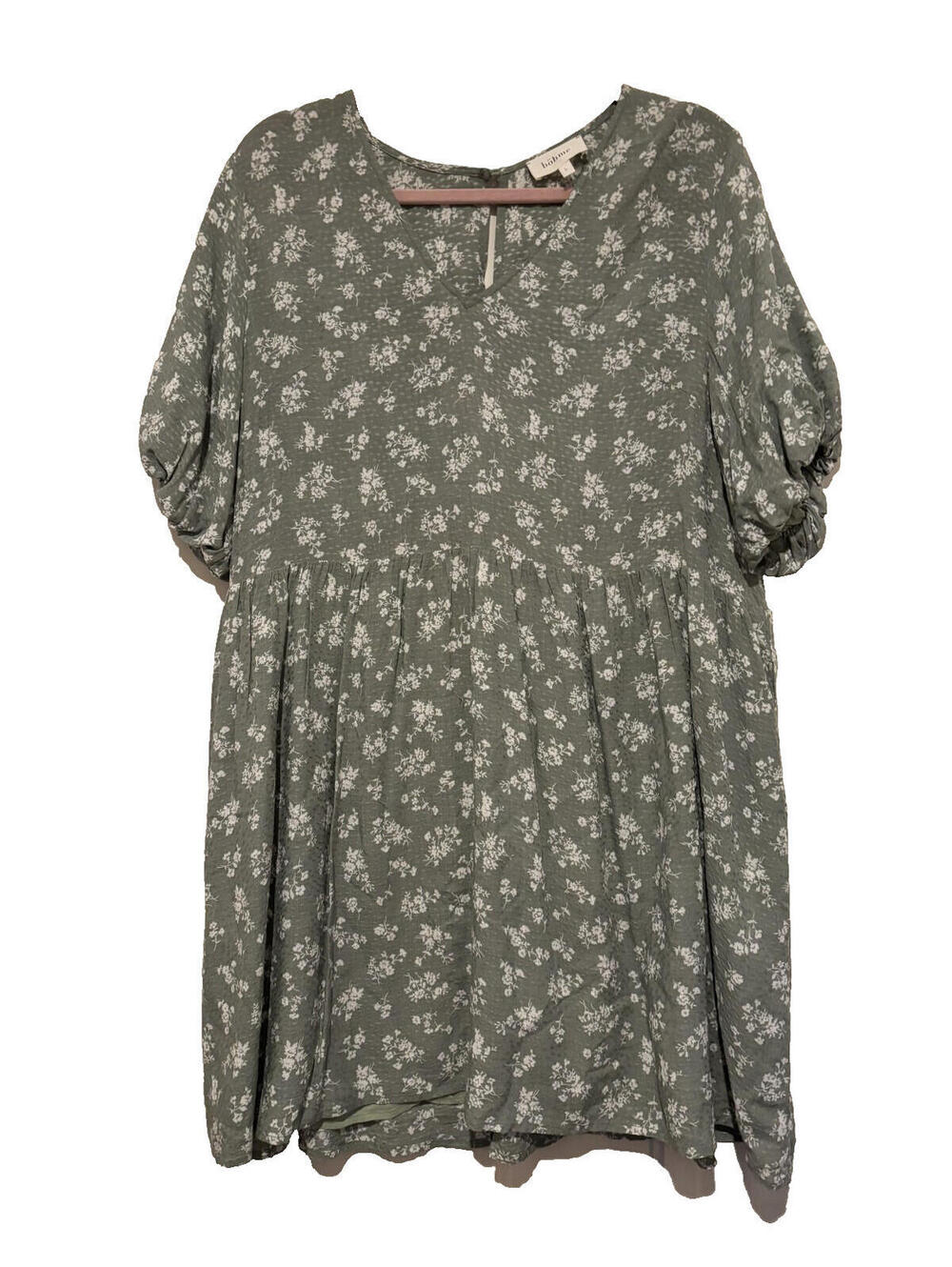 Anthropologie Bohme sz L green floral mini boho peasant dress V neck‎ #3521